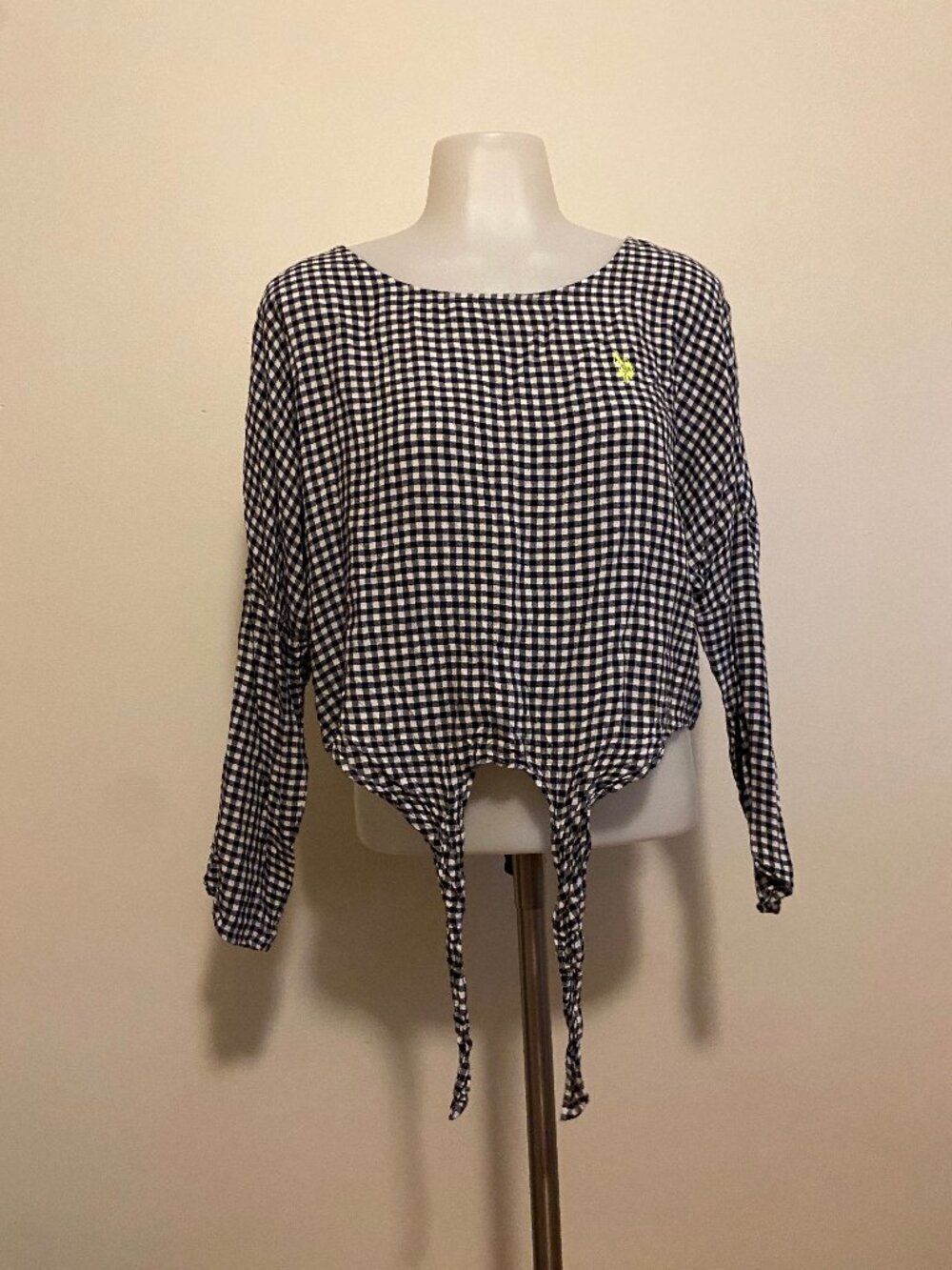 U.S. Polo Assn. White Gingham Tie Front Blouse